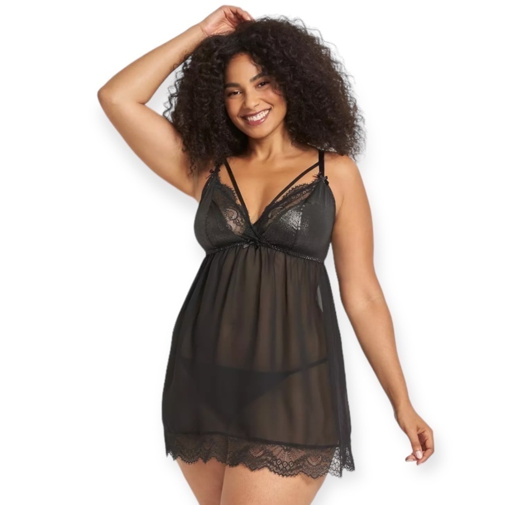 Cacique Foil Lace Strappy No Wire Babydoll Panty 2 Piece Set Black 22/24